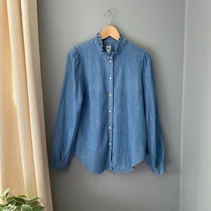 GAP Women's Chambray Blouse with Ruffled Collar and Snap Buttons Size S